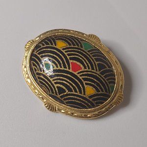 Vintage Decorative Multicolor Metal Oval Brooch